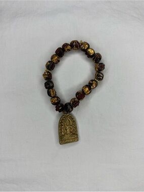 Vintage Beaded Buddhist Prayer Beads Bracelet Buddha Metal Gold Tone Charm